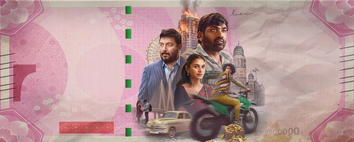 Gandhi Talks banner with Vijay Sethupathi, Arvind Swami, and Aditi Rao Hydari