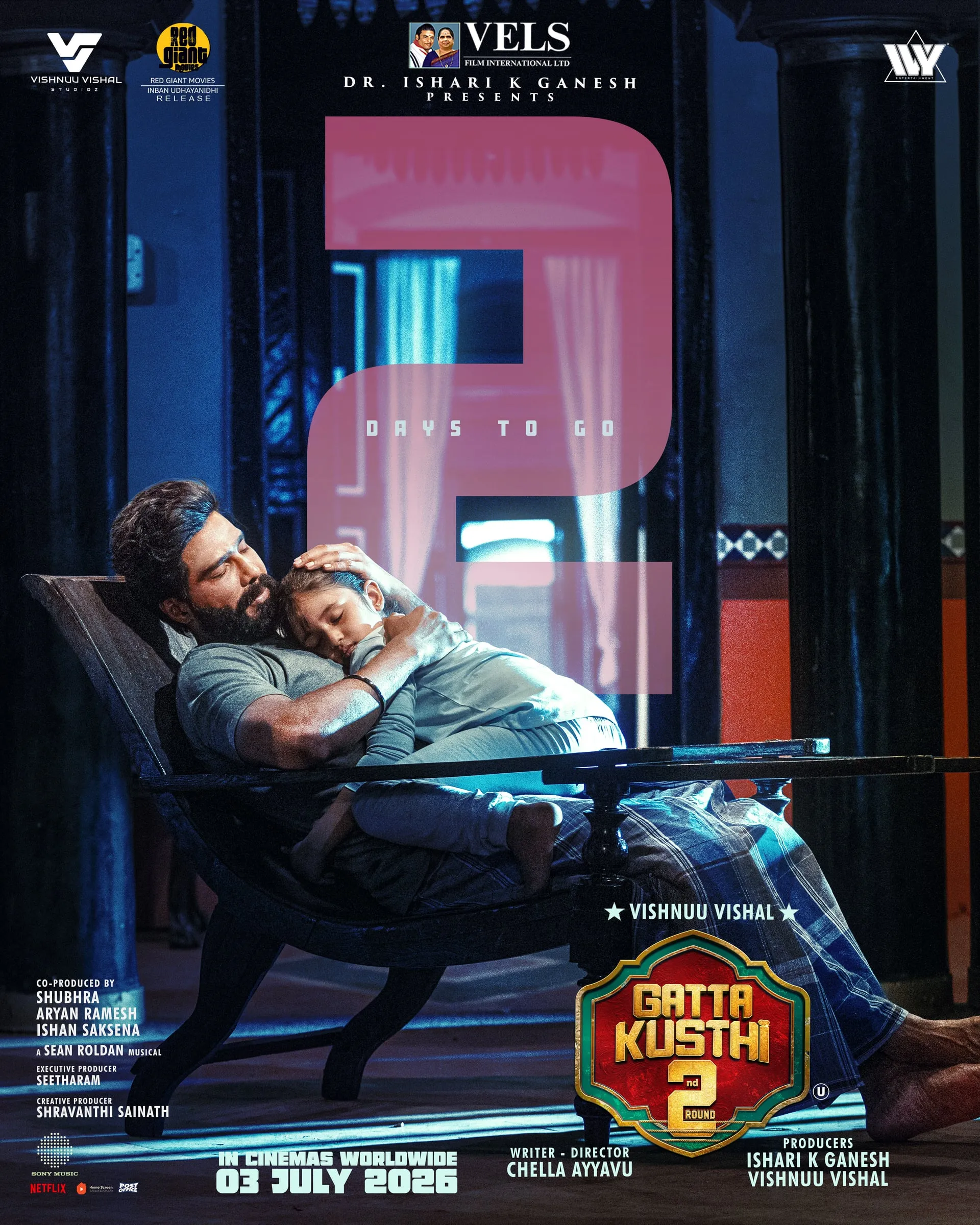 Vishnu Vishal holds his sleeping daughter in Gatta Kusthi 2's release countdown art