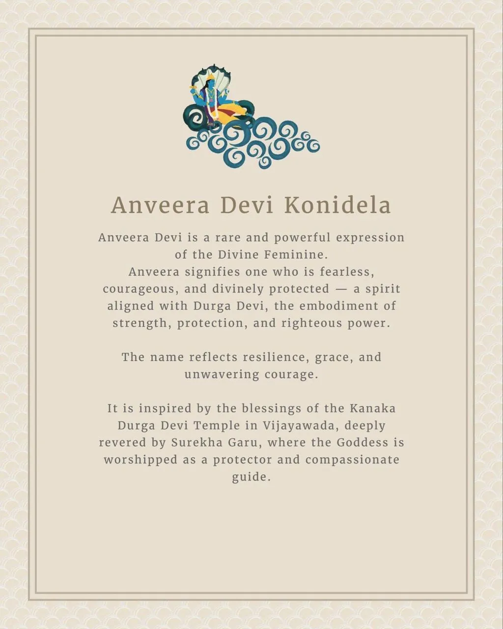 Name card explaining the meaning of Anveera Devi Konidela