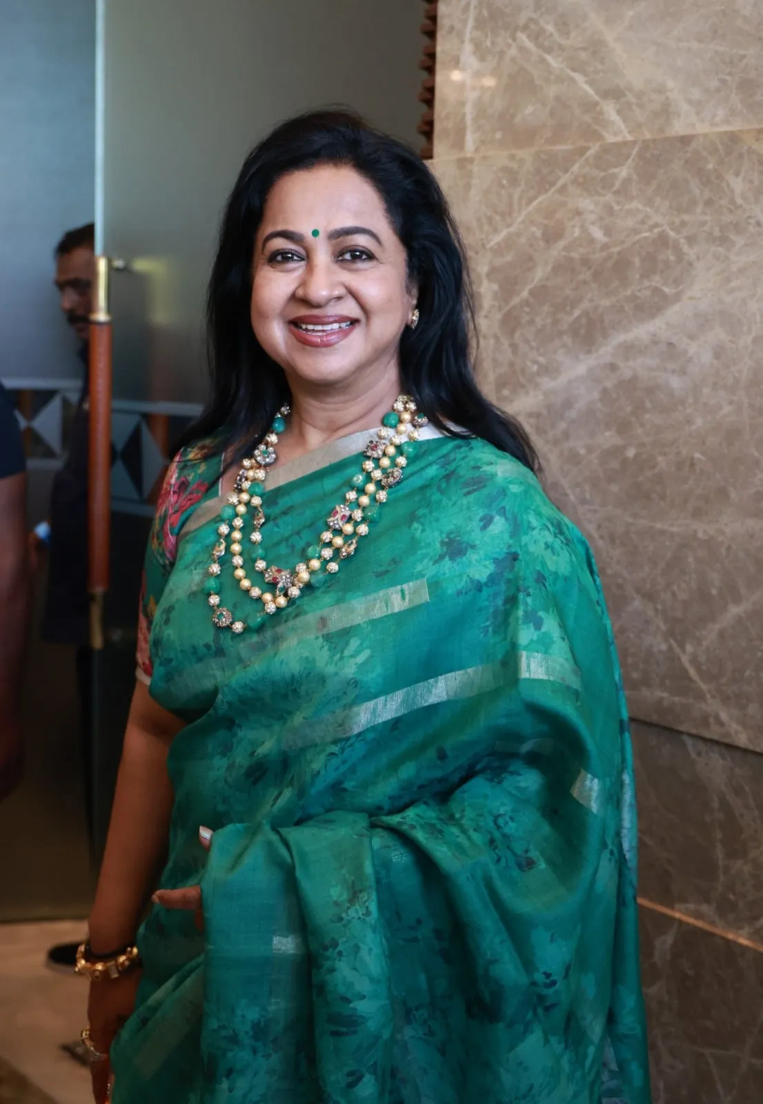 Radhika Sarathkumar in a green saree at the Pyaar Prema Kalyanam trailer launch
