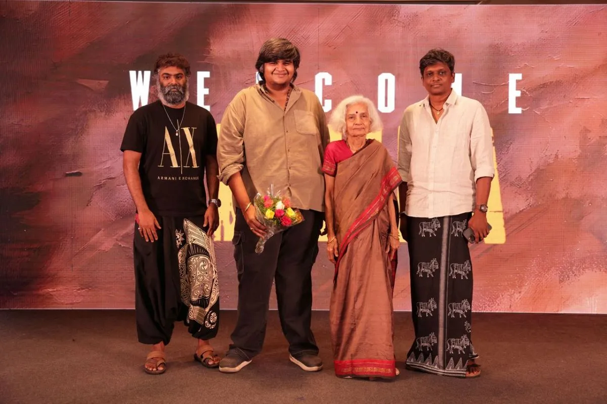 Akhila Balu Mahendra with Karthik Subbaraj and Somitharan at the Neelira trailer launch