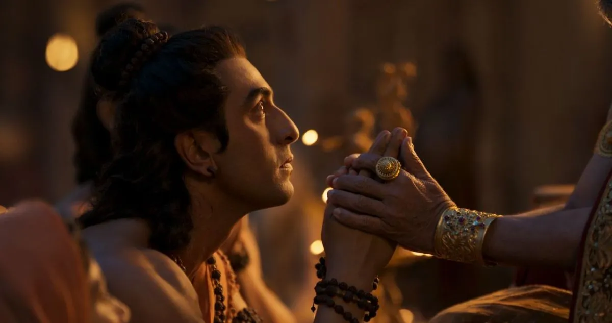 A tender moment from Ramayana teaser showing Ranbir Kapoor as Rama