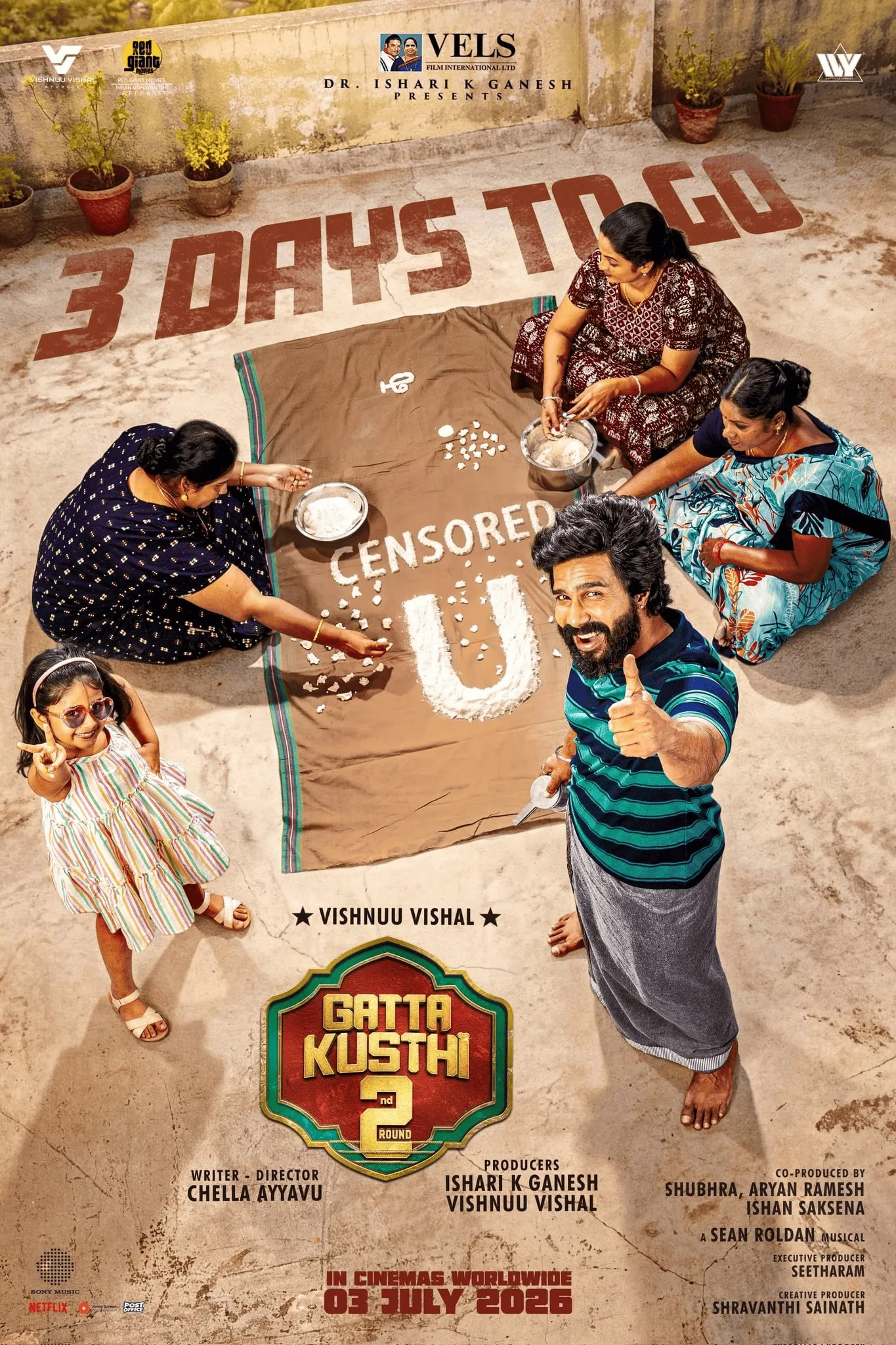 The cast of Gatta Kusthi 2 poses for the film's Censored U poster, announcing a clean certificate for the family entertainer
