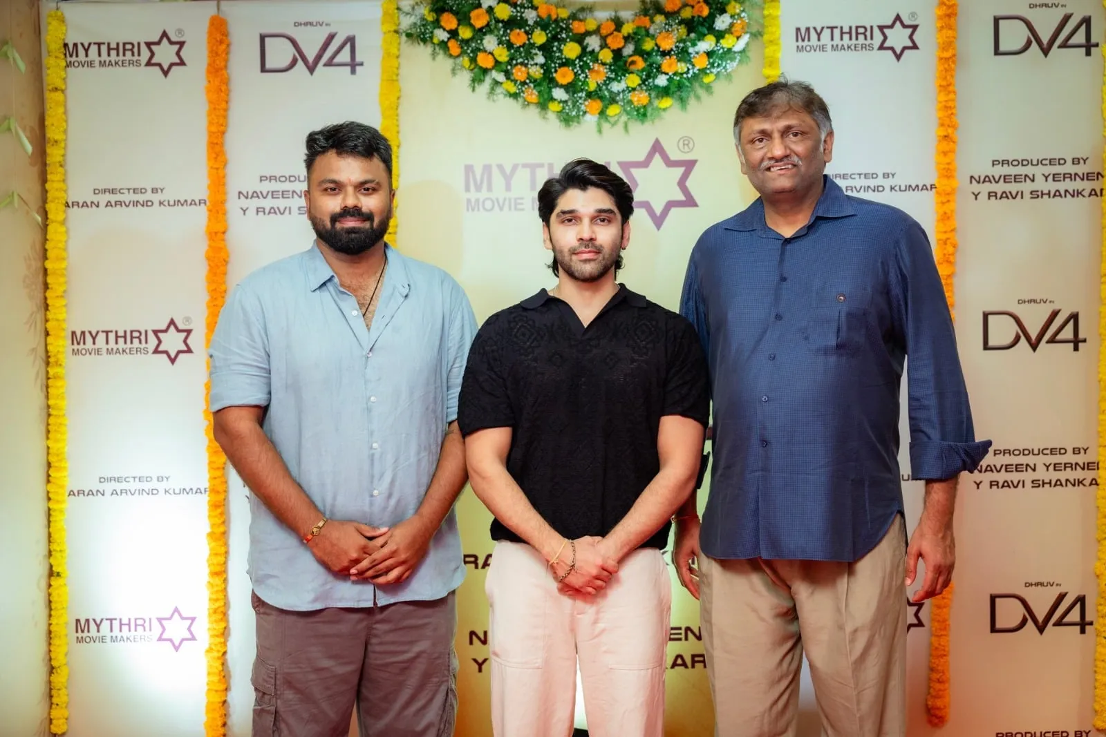 Dhruv Vikram with director Karan Aravind Kumar and producer at the DV4 launch