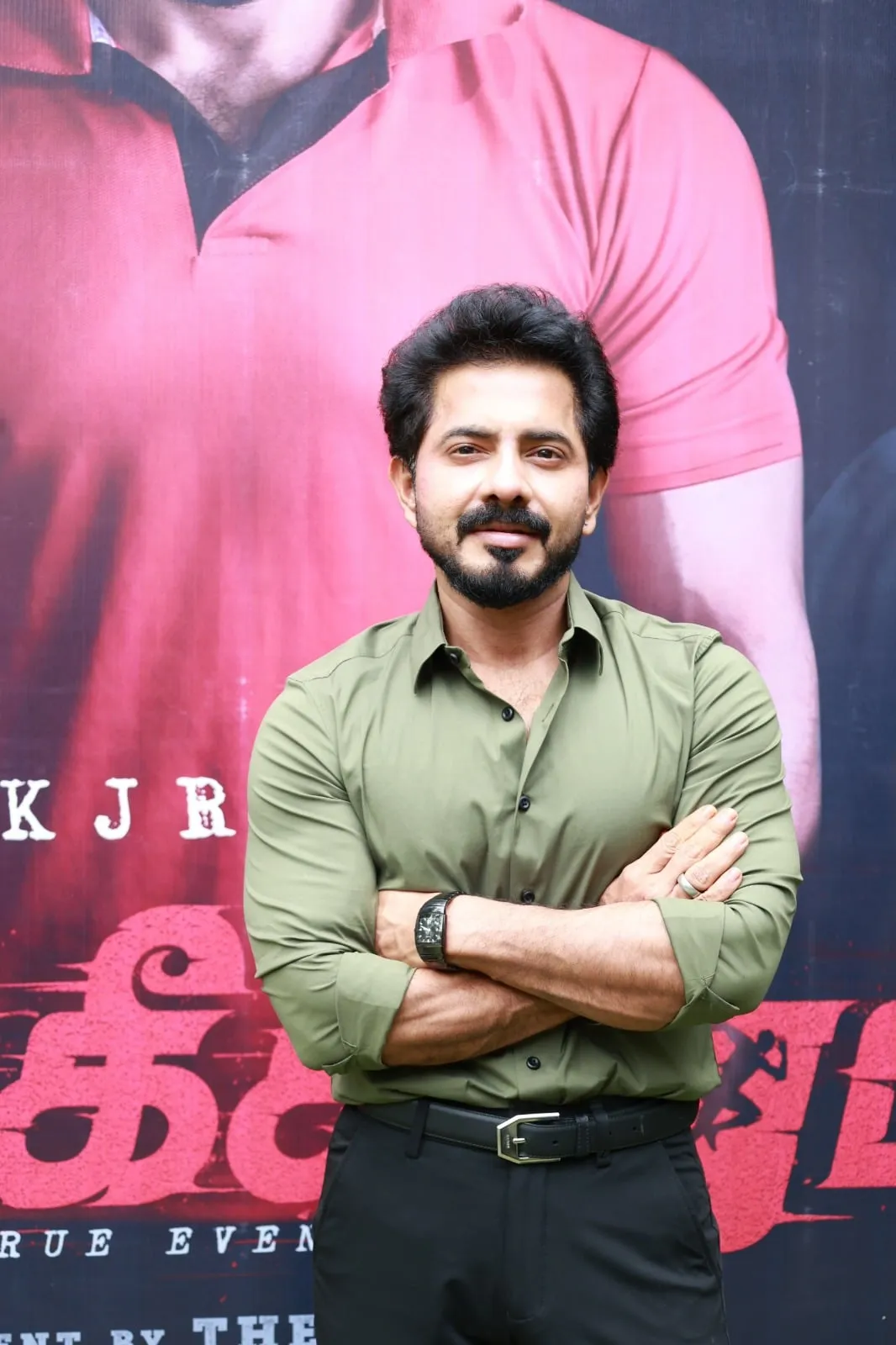KJR, who produced and stars in Angikaaram, at the film's thanks meet