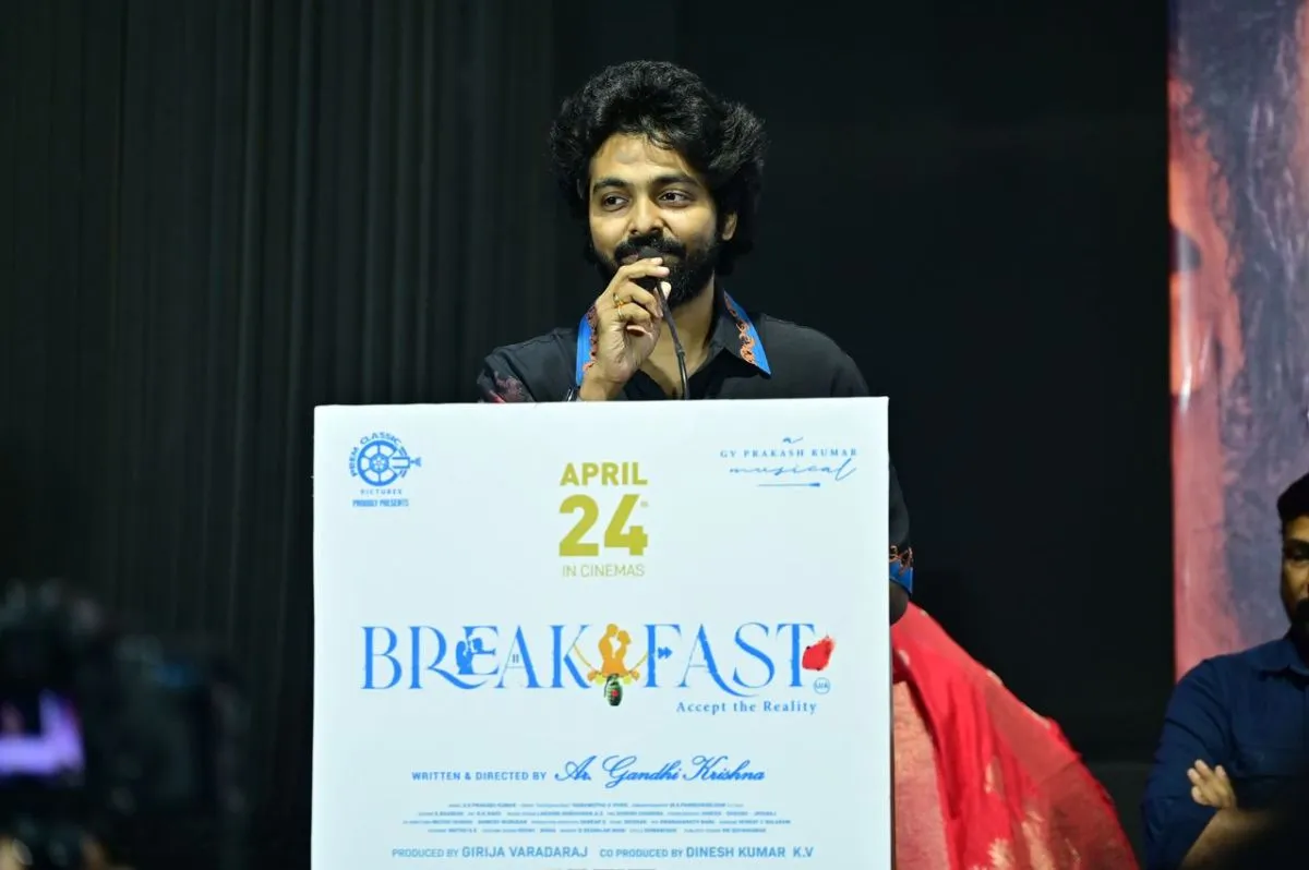 Music composer GV Prakash Kumar speaking at the Breakfast music launch podium
