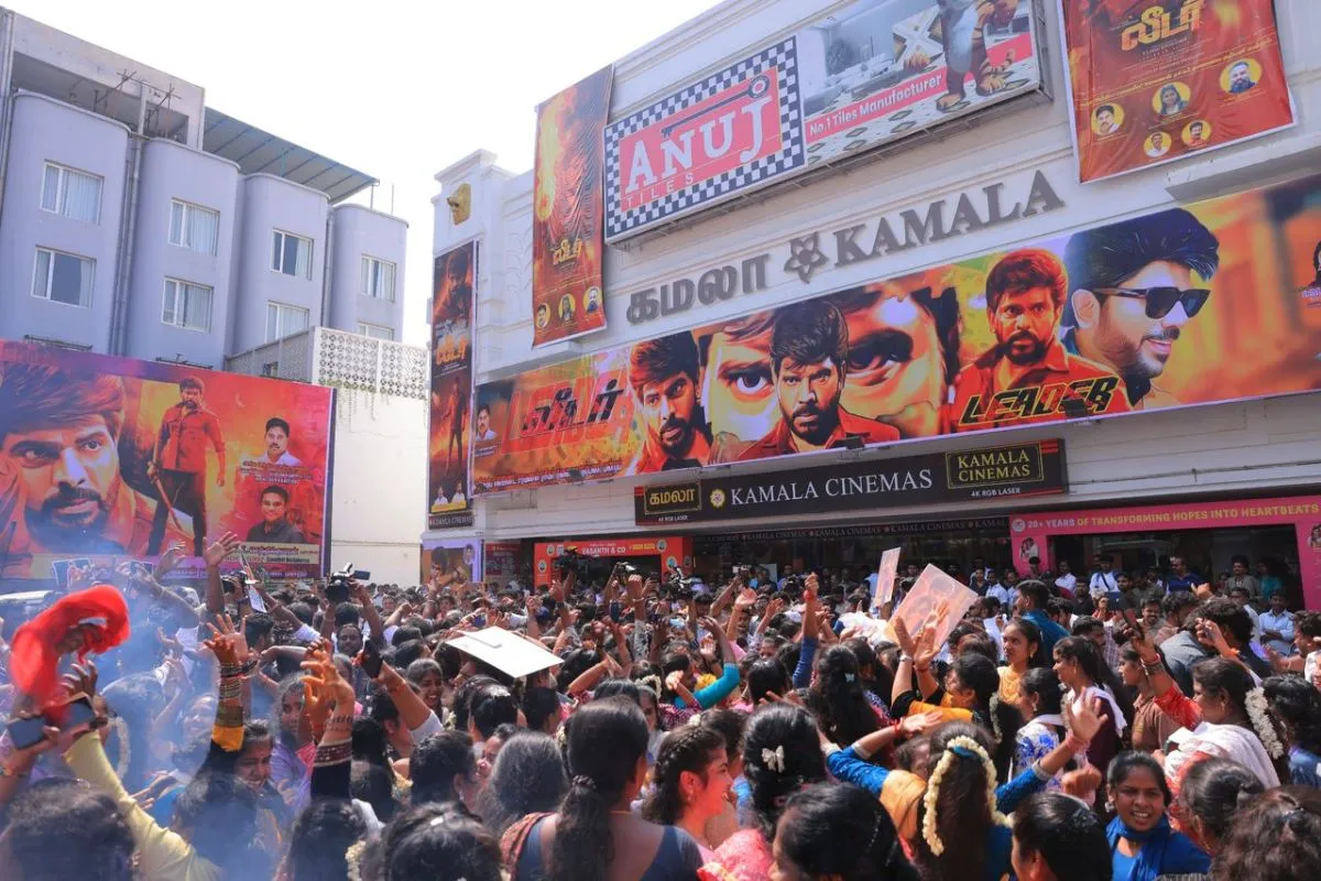 Leader banner and fans gathered at Kamala Cinemas Chennai
