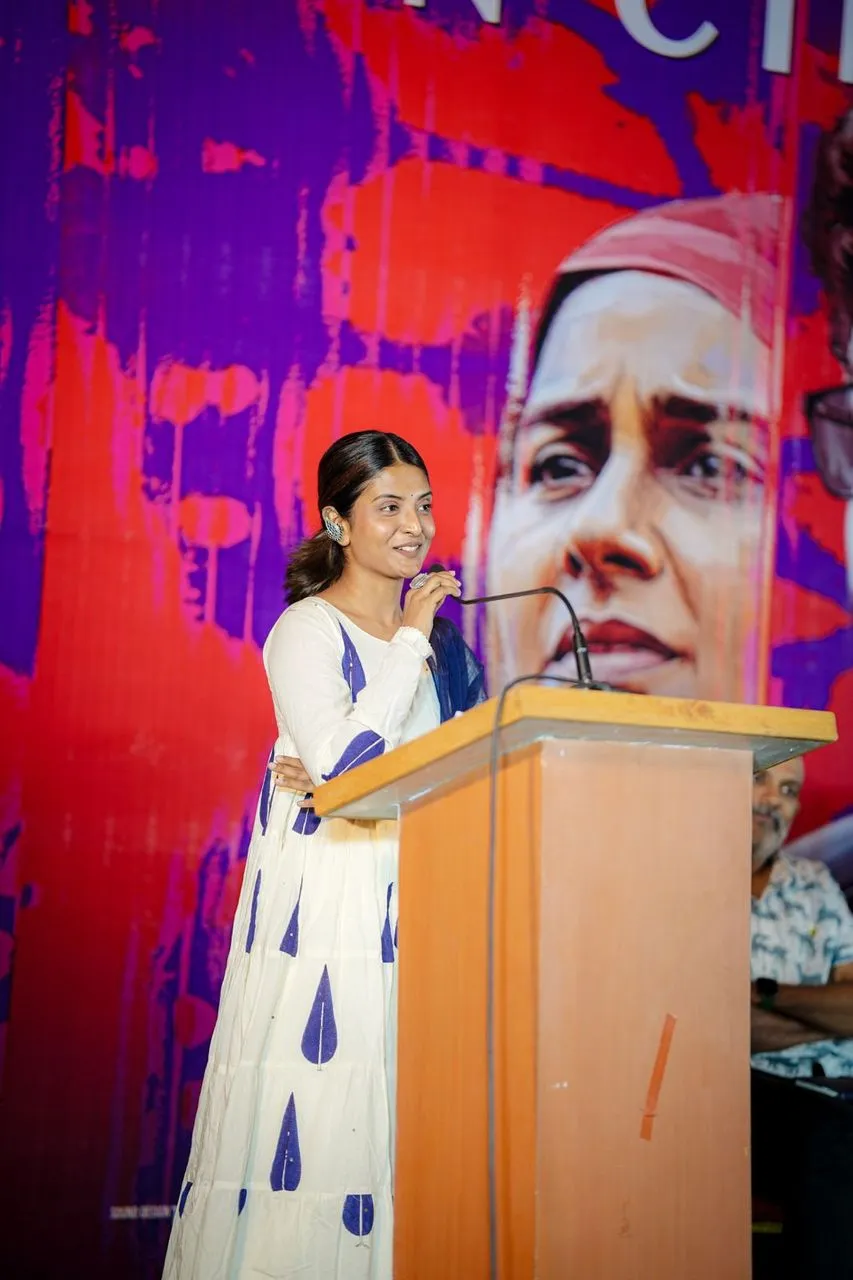 Nivedhithaa Sathish speaking at the Oh Butterfly press meet