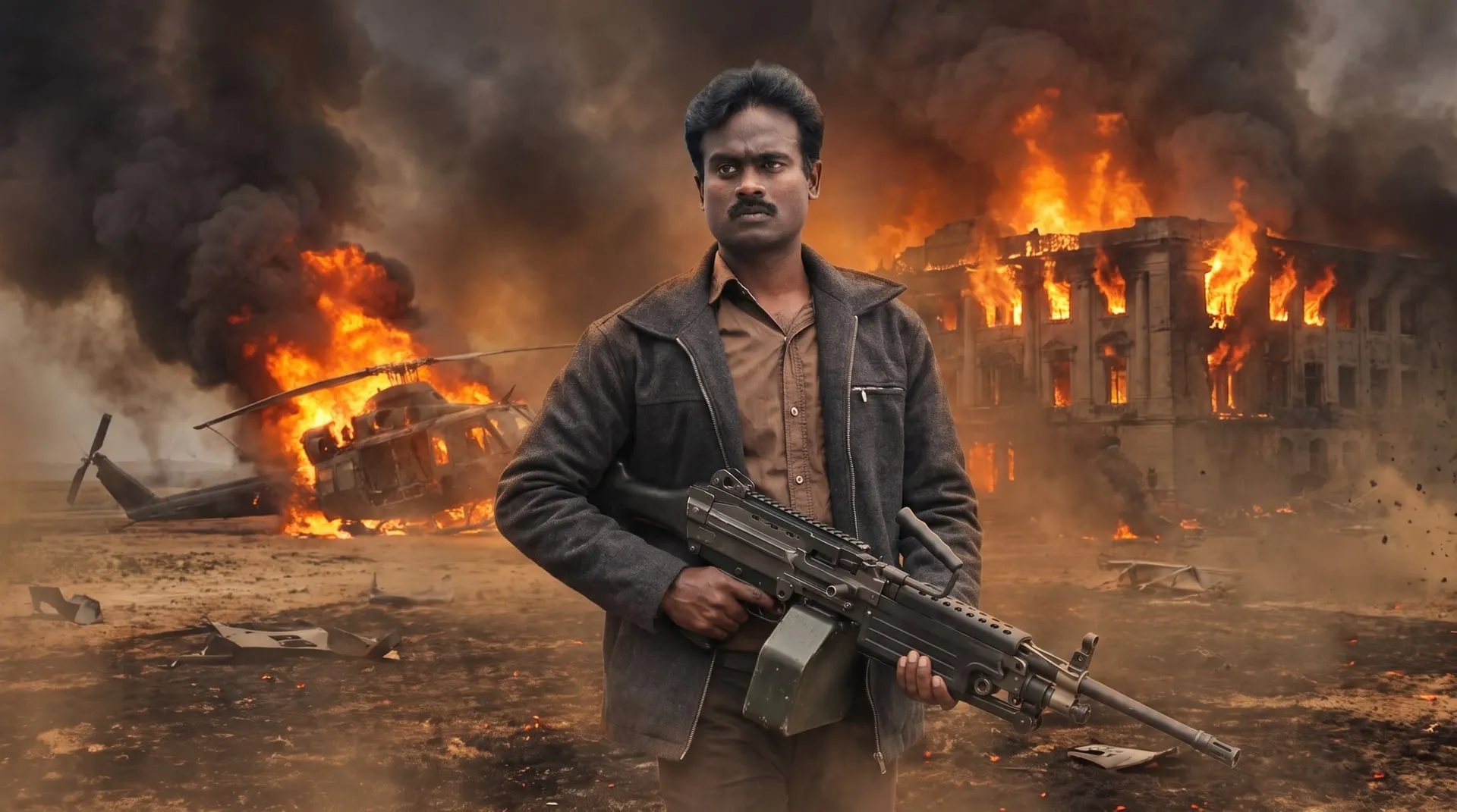 Sankagiri Rajkumar with a machine gun in front of a burning building and a crashed helicopter