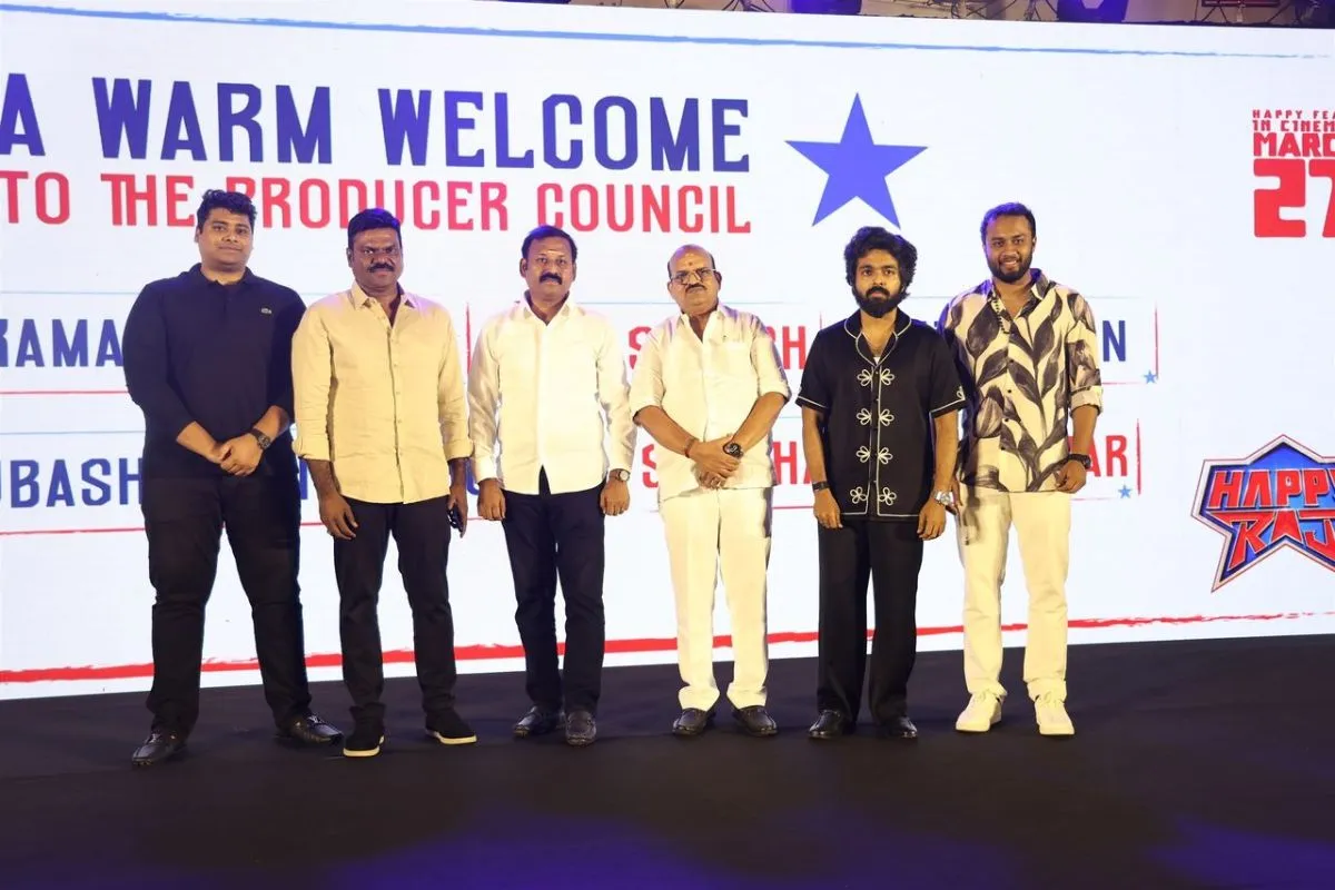 Tamil Film Producers Council members honouring the Happy Raj team